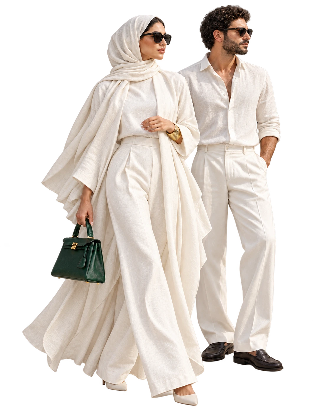 امرأة بملابس عاجية وحجاب تحمل حقيبة خضراء، ورجل بقميص فاتح وبنطلون أبيض، كلاهما بنظارة شمسية.